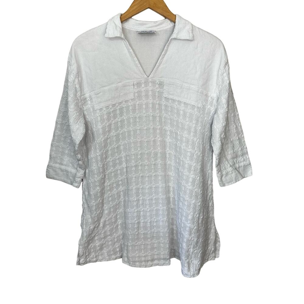 Dunes Relaxed Fashion Tunic Top Beachy Coastal Textured V Neck Womens Small